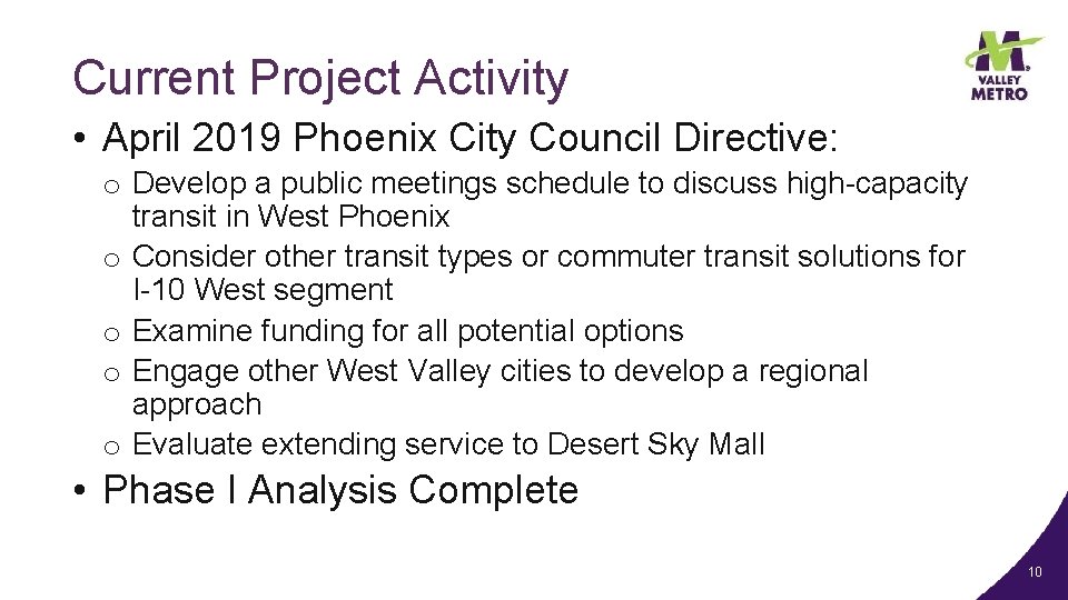 Current Project Activity • April 2019 Phoenix City Council Directive: o Develop a public
