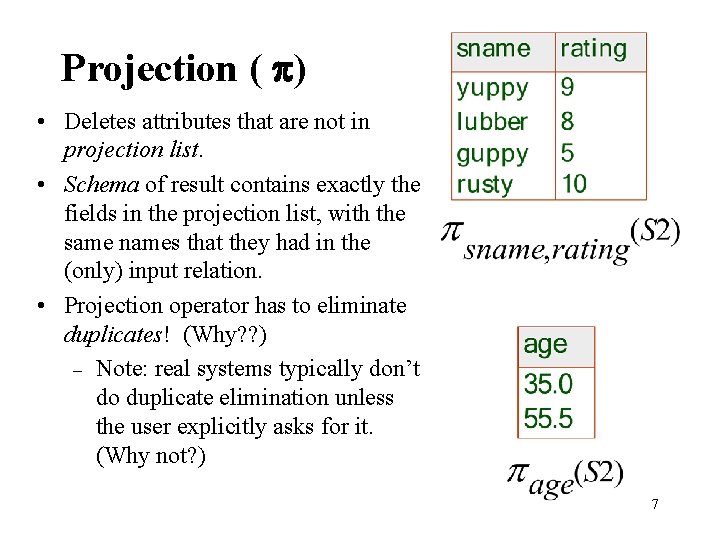 Projection ( ) • Deletes attributes that are not in projection list. • Schema