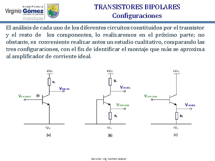 TRANSISTORES BIPOLARES Configuraciones El análisis de cada uno de los diferentes circuitos constituidos por
