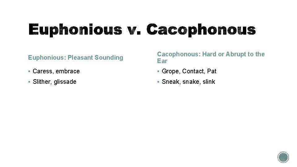 Euphonious: Pleasant Sounding Cacophonous: Hard or Abrupt to the Ear § Caress, embrace §