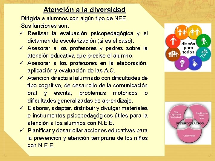 Atención a la diversidad Dirigida a alumnos con algún tipo de NEE. Sus funciones