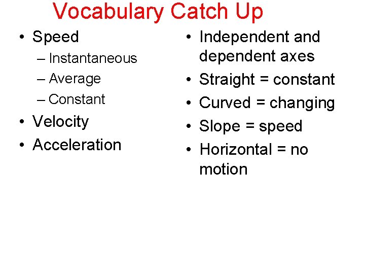 Vocabulary Catch Up • Speed – Instantaneous – Average – Constant • Velocity •