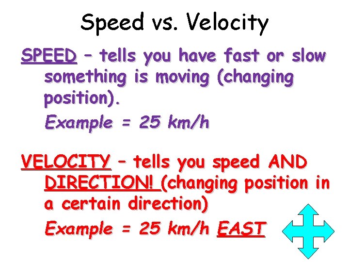 Speed vs. Velocity SPEED – tells you have fast or slow something is moving