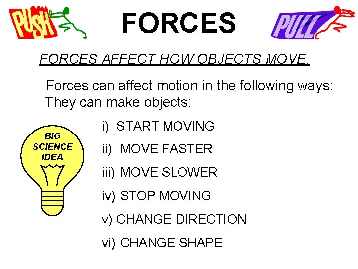FORCES AFFECT HOW OBJECTS MOVE. Forces can affect motion in the following ways: They