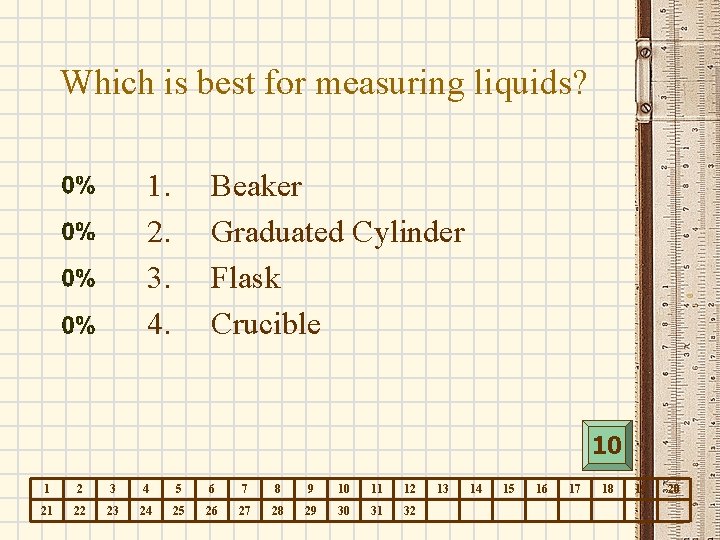 Which is best for measuring liquids? 1. 2. 3. 4. Beaker Graduated Cylinder Flask
