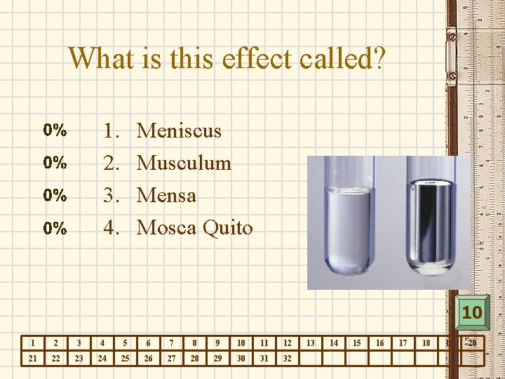 What is this effect called? 1. 2. 3. 4. Meniscus Musculum Mensa Mosca Quito