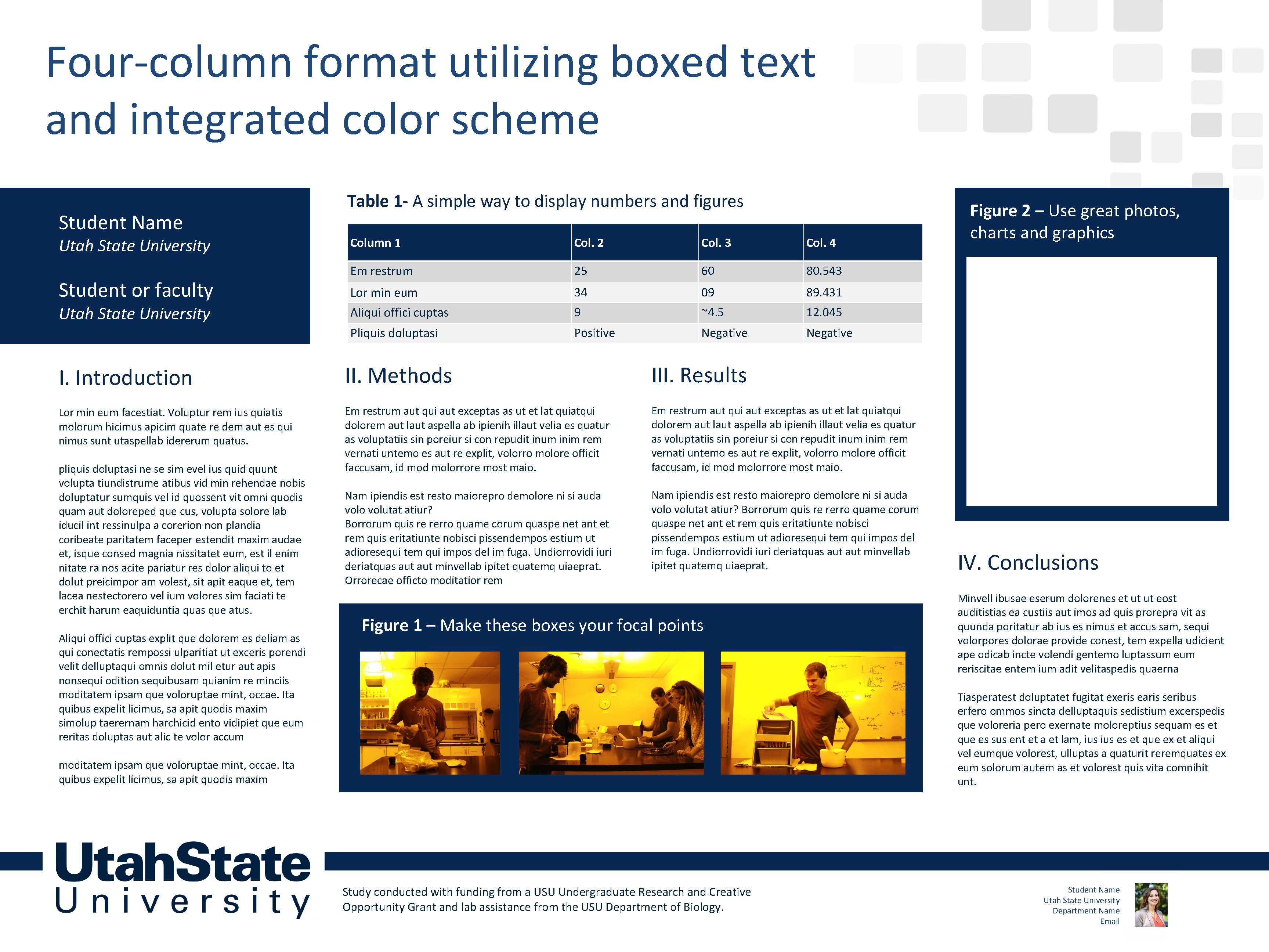 Four-column format utilizing boxed text and integrated color scheme Student Name Utah State University