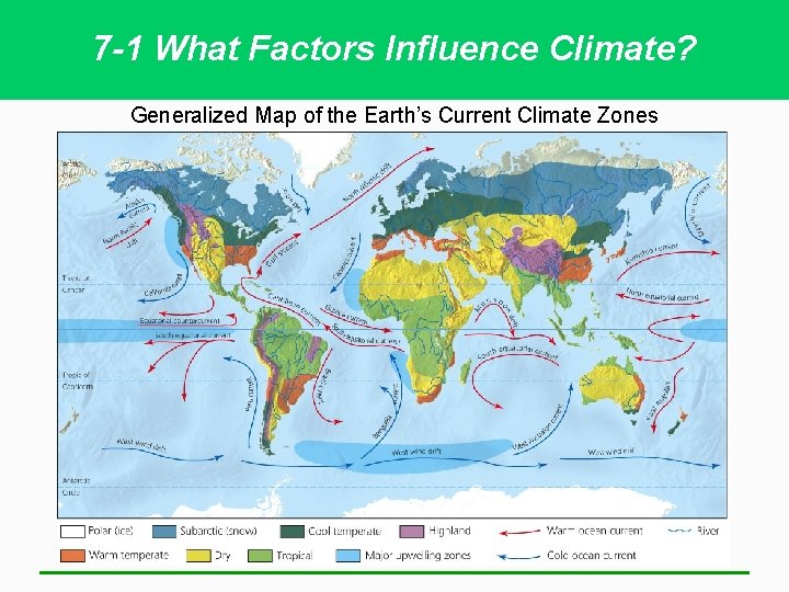 7 -1 What Factors Influence Climate? Generalized Map of the Earth’s Current Climate Zones