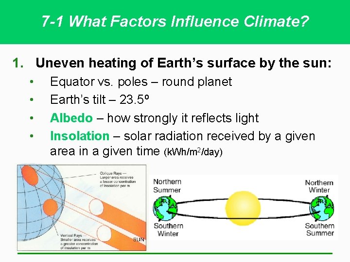 7 -1 What Factors Influence Climate? 1. Uneven heating of Earth’s surface by the