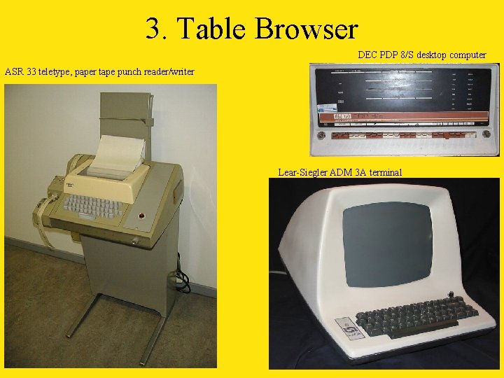 3. Table Browser DEC PDP 8/S desktop computer ASR 33 teletype, paper tape punch
