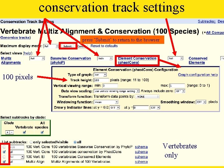 conservation track settings press ‘Submit’ to return to the browser 100 pixels Vertebrates only