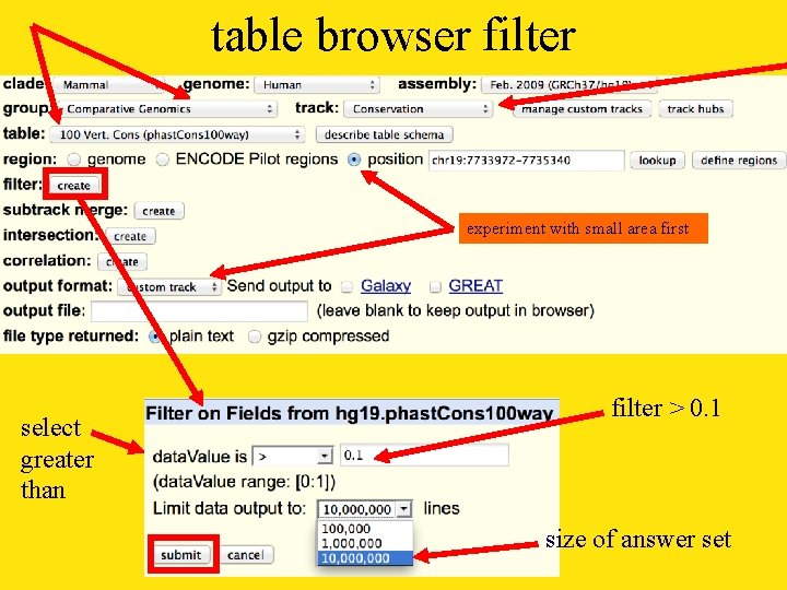 table browser filter experiment with small area first select greater than filter > 0.