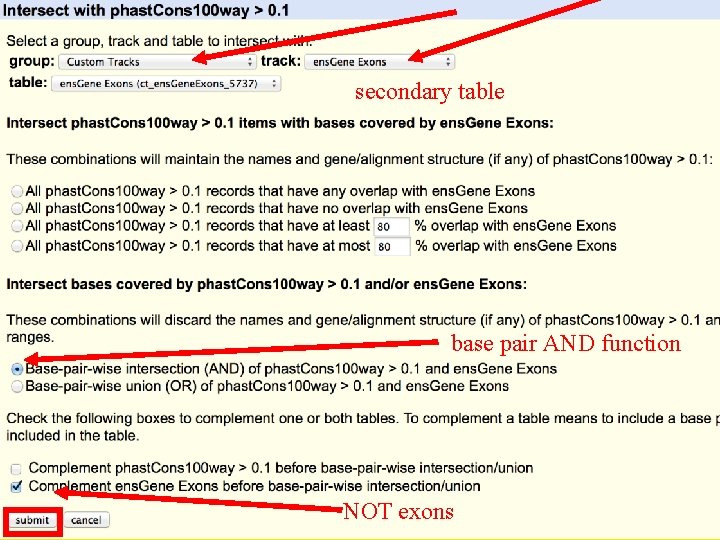 secondary table base pair AND function NOT exons 