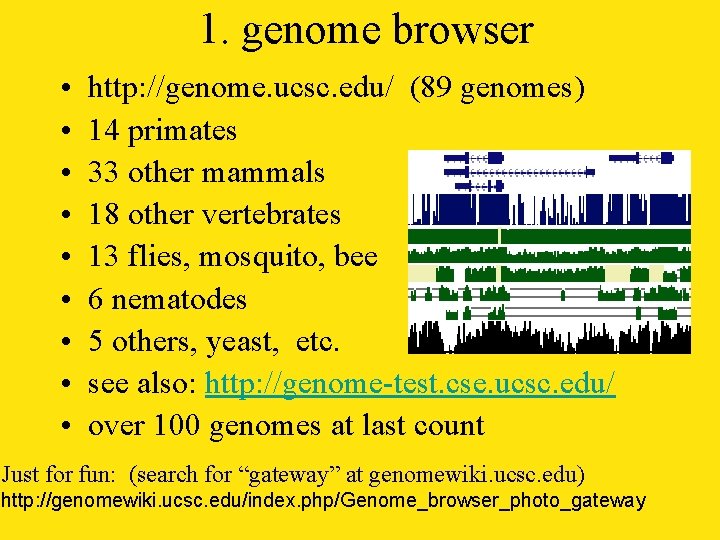 1. genome browser • • • http: //genome. ucsc. edu/ (89 genomes) 14 primates