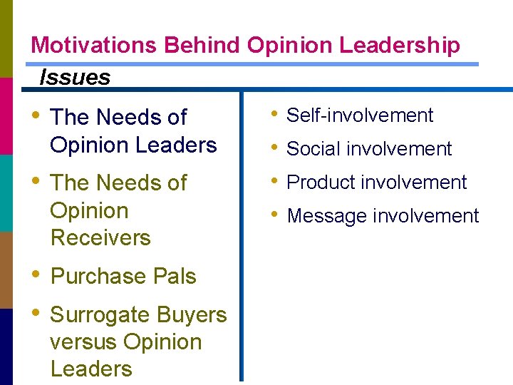 Motivations Behind Opinion Leadership Issues • The Needs of Opinion Leaders • The Needs