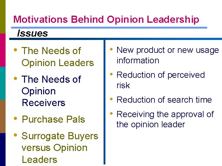 Motivations Behind Opinion Leadership Issues • The Needs of Opinion Leaders • The Needs
