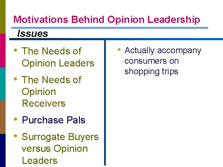 Motivations Behind Opinion Leadership Issues • The Needs of Opinion Leaders • The Needs