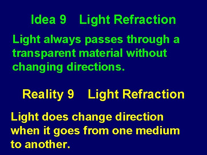 Idea 9 Light Refraction Light always passes through a transparent material without changing directions.