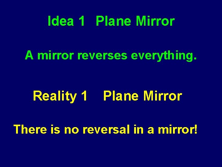 Idea 1 Plane Mirror A mirror reverses everything. Reality 1 Plane Mirror There is
