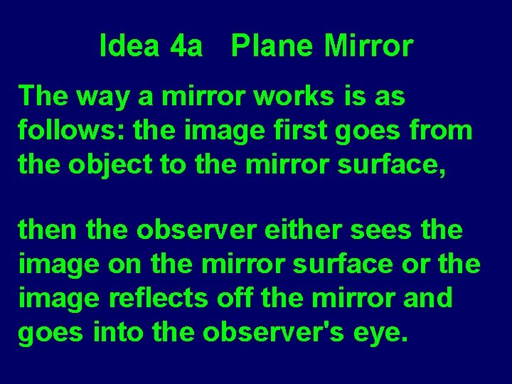 Idea 4 a Plane Mirror The way a mirror works is as follows: the