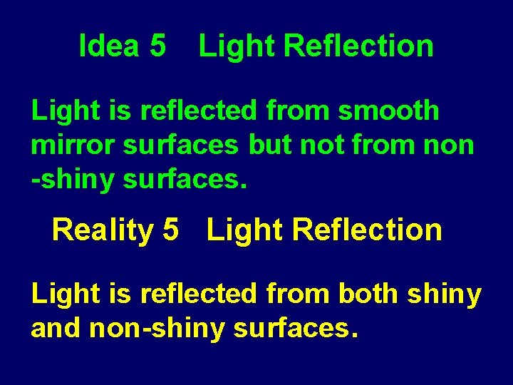 Idea 5 Light Reflection Light is reflected from smooth mirror surfaces but not from