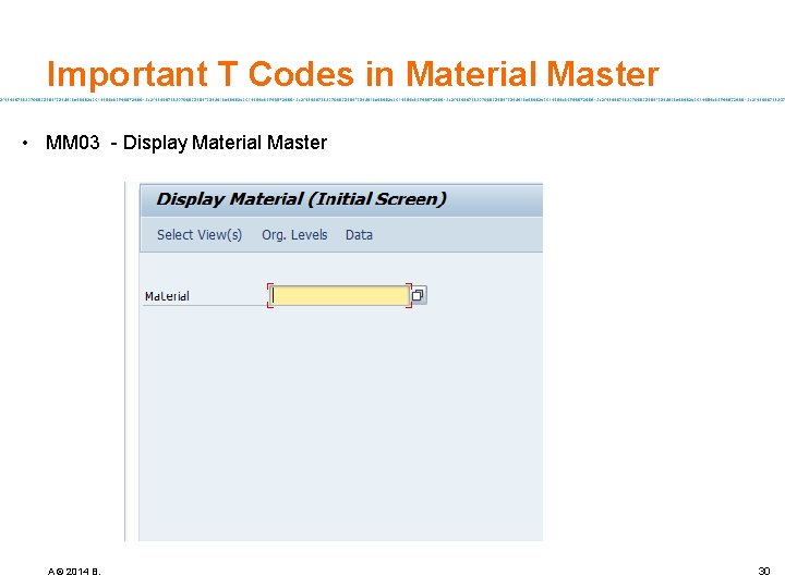 Important T Codes in Material Master • MM 03 - Display Material Master A