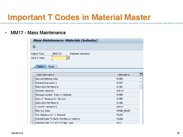 Important T Codes in Material Master • MM 17 - Mass Maintenance A ©