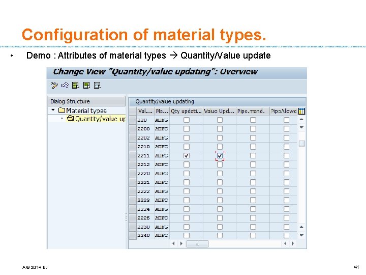 Configuration of material types. • Demo : Attributes of material types Quantity/Value update A