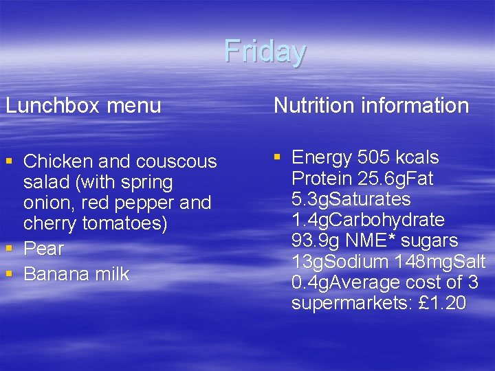 Friday Lunchbox menu Nutrition information § Chicken and cous salad (with spring onion, red