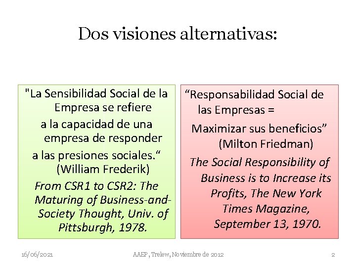 Dos visiones alternativas: "La Sensibilidad Social de la “Responsabilidad Social de Empresa se refiere