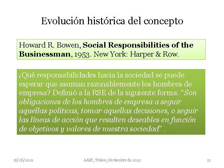 Evolución histórica del concepto Howard R. Bowen, Social Responsibilities of the Businessman, 1953. New
