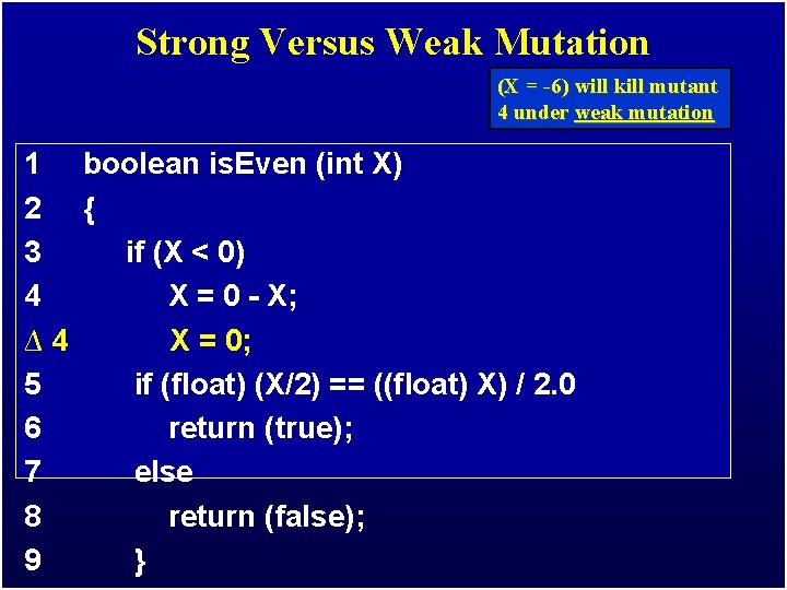 Strong Versus Weak Mutation (X = -6) will kill mutant 4 under weak mutation