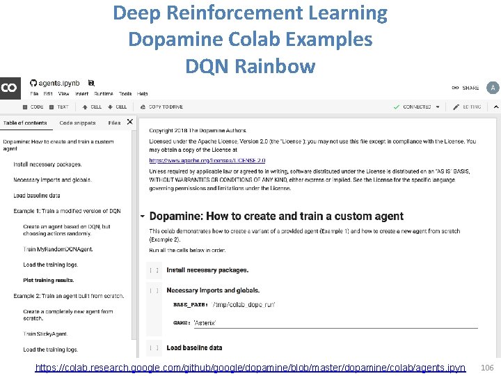 Deep Reinforcement Learning Dopamine Colab Examples DQN Rainbow https: //colab. research. google. com/github/google/dopamine/blob/master/dopamine/colab/agents. ipyn