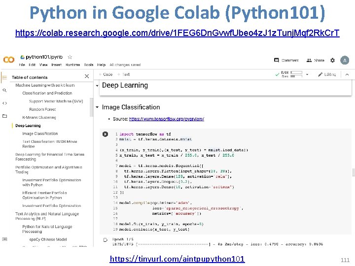 Python in Google Colab (Python 101) https: //colab. research. google. com/drive/1 FEG 6 Dn.