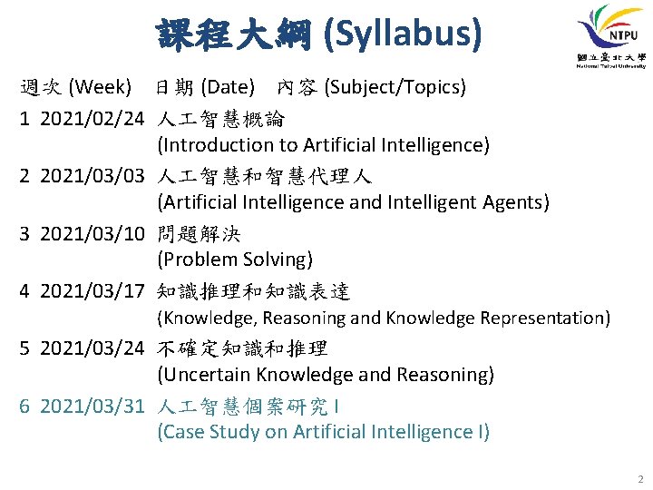 課程大綱 (Syllabus) 週次 (Week) 日期 (Date) 內容 (Subject/Topics) 1 2021/02/24 人 智慧概論 (Introduction to