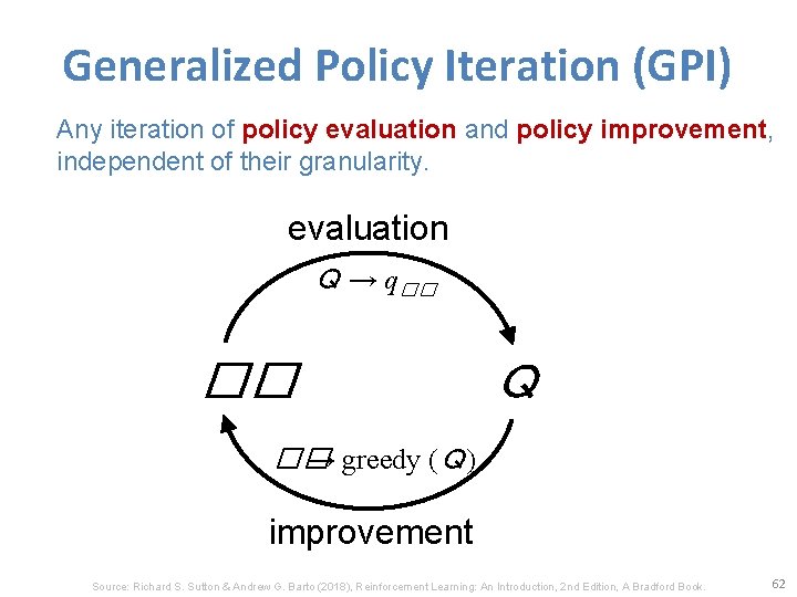 Generalized Policy Iteration (GPI) Any iteration of policy evaluation and policy improvement, independent of