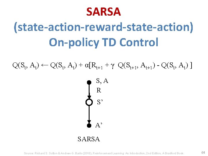 SARSA (state-action-reward-state-action) On-policy TD Control Q(St, At) ← Q(St, At) + α[Rt+1 + γ