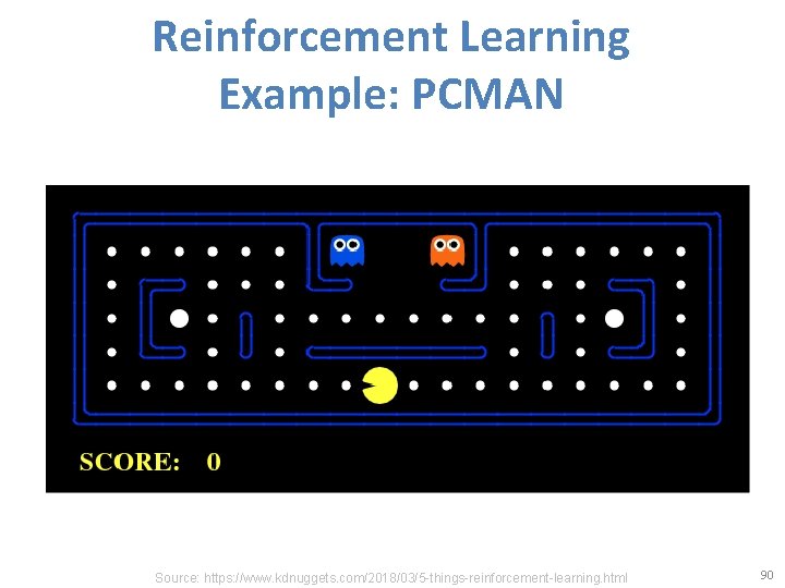 Reinforcement Learning Example: PCMAN Source: https: //www. kdnuggets. com/2018/03/5 -things-reinforcement-learning. html 90 