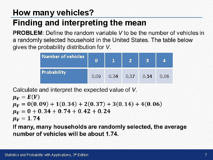 How many vehicles? Finding and interpreting the mean • Number of vehicles Probability Statistics