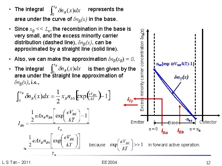 • The integral represents the • Since x. B << Ln, the recombination