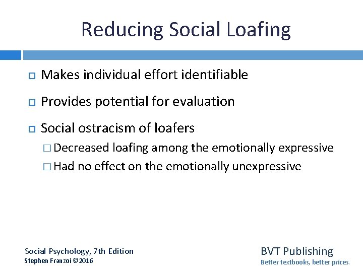 Reducing Social Loafing Makes individual effort identifiable Provides potential for evaluation Social ostracism of