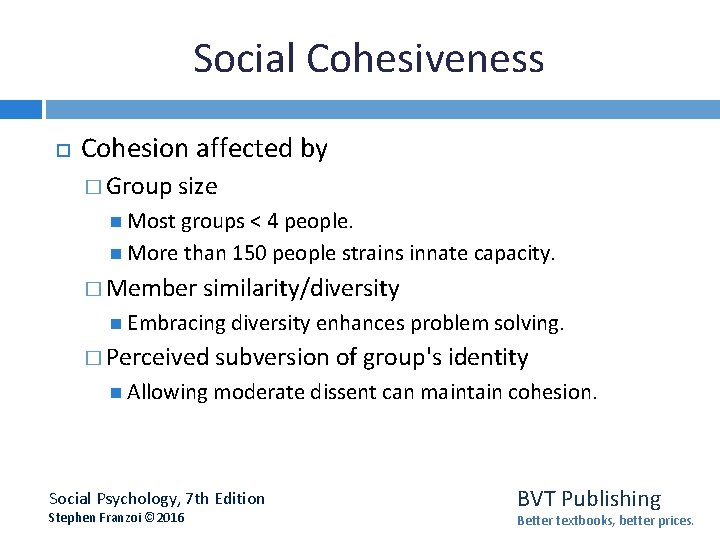 Social Cohesiveness Cohesion affected by � Group size Most groups < 4 people. More