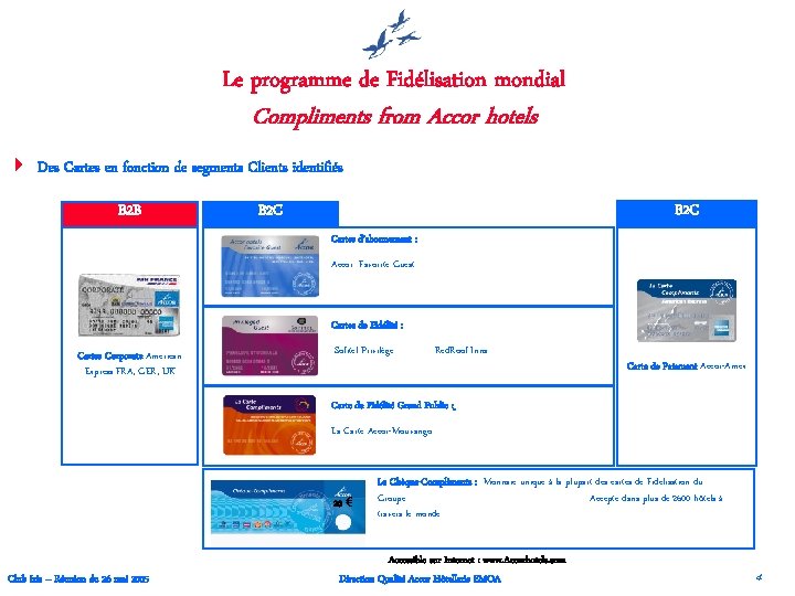 Le programme de Fidélisation mondial Compliments from Accor hotels 4 Des Cartes en fonction
