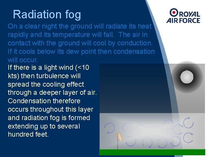 Radiation fog On a clear night the ground will radiate its heat rapidly and