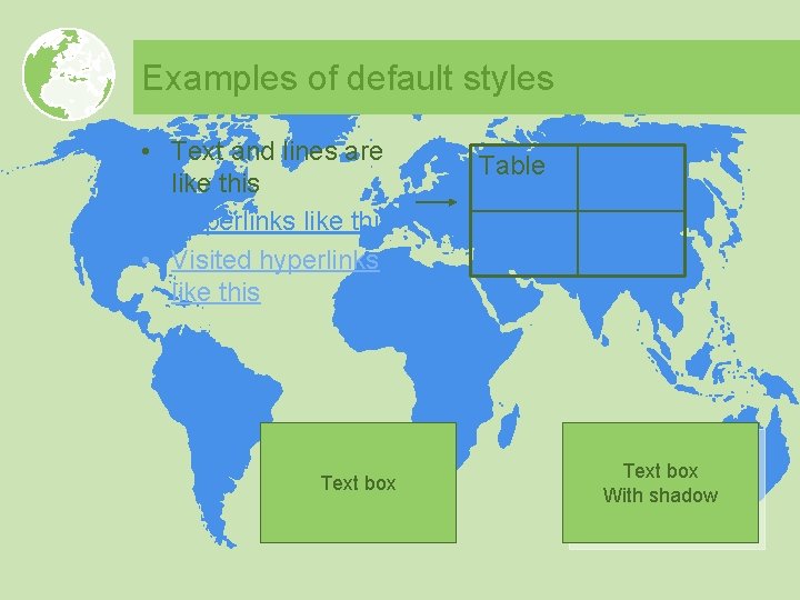 Examples of default styles • Text and lines are like this • Hyperlinks like