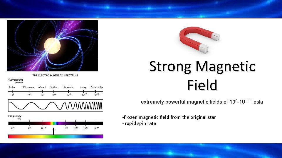 Strong Magnetic Field extremely powerful magnetic fields of 108 -1011 Tesla -frozen magnetic field