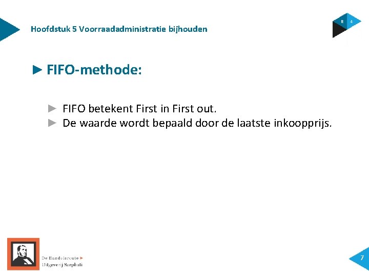 Hoofdstuk 5 Voorraadadministratie bijhouden ► FIFO-methode: ► FIFO betekent First in First out. ►