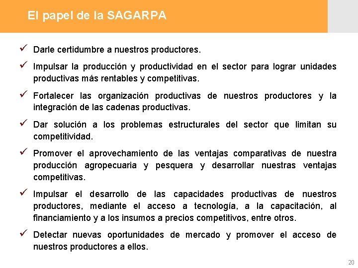 El papel de la SAGARPA ü Darle certidumbre a nuestros productores. ü Impulsar la