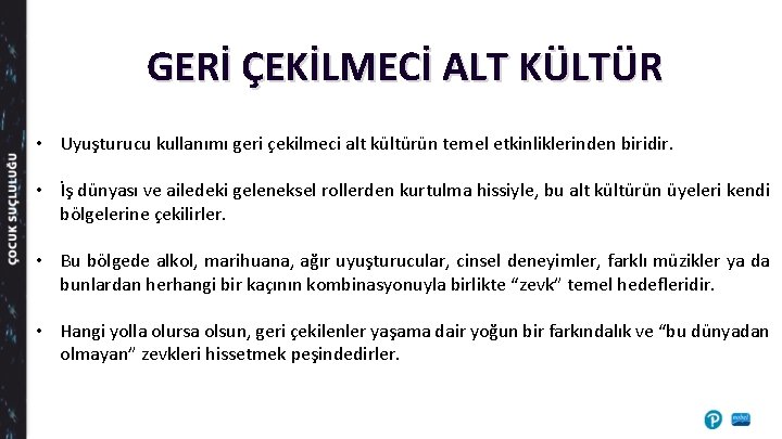 GERİ ÇEKİLMECİ ALT KÜLTÜR • Uyuşturucu kullanımı geri çekilmeci alt kültürün temel etkinliklerinden biridir.