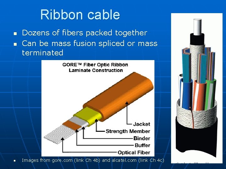 Ribbon cable n n n Dozens of fibers packed together Can be mass fusion